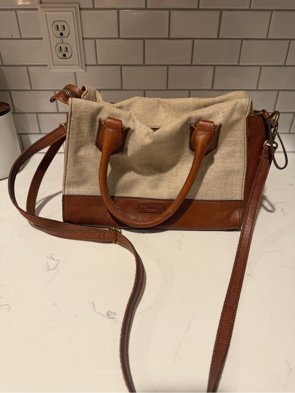 Fossil Beige Canvas Satchel with Brown Leather Accents